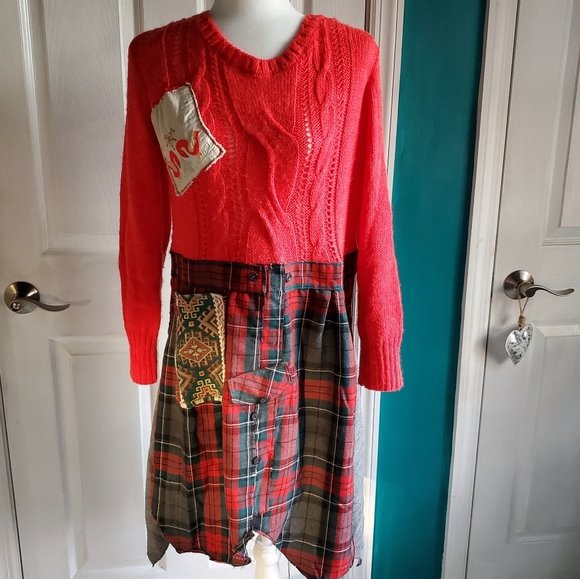 Handmade upcycled lagenlook sweater tartan plaid dress OOAK Small-Large - Picture 4 of 12